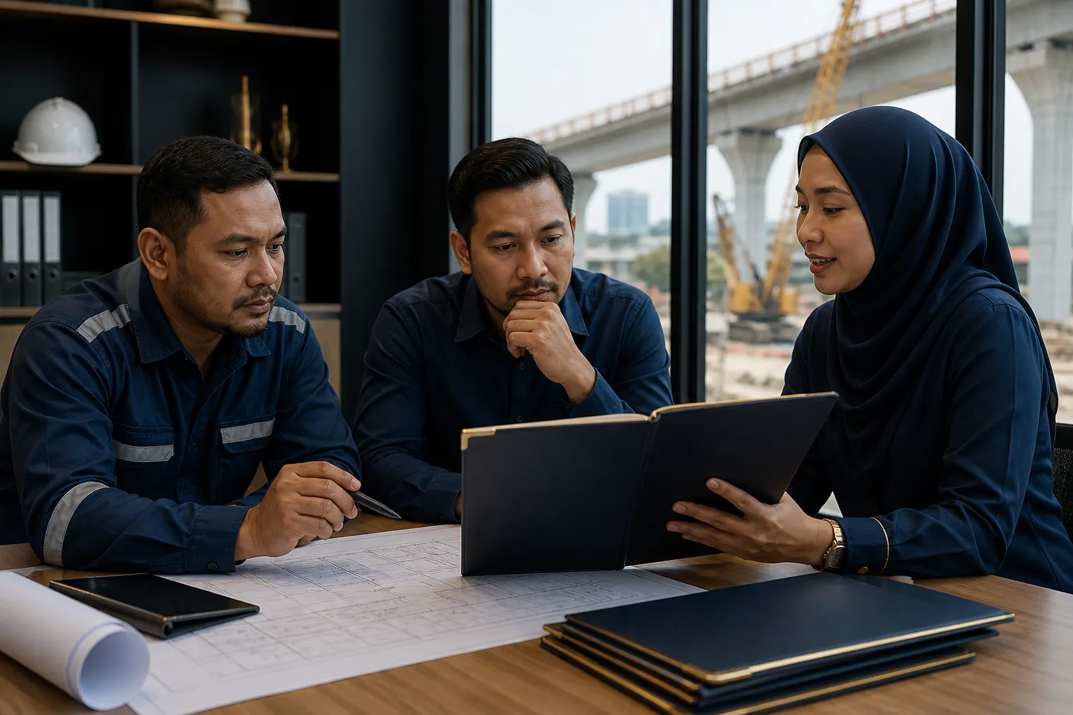 Kontraktor Malaysia menyemak bajet kontrak dan pelan mobilisasi projek