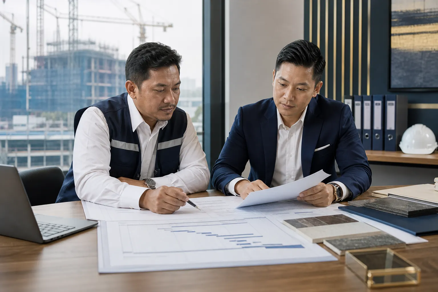 Malaysian contractor reviewing an awarded contract budget and mobilisation plan