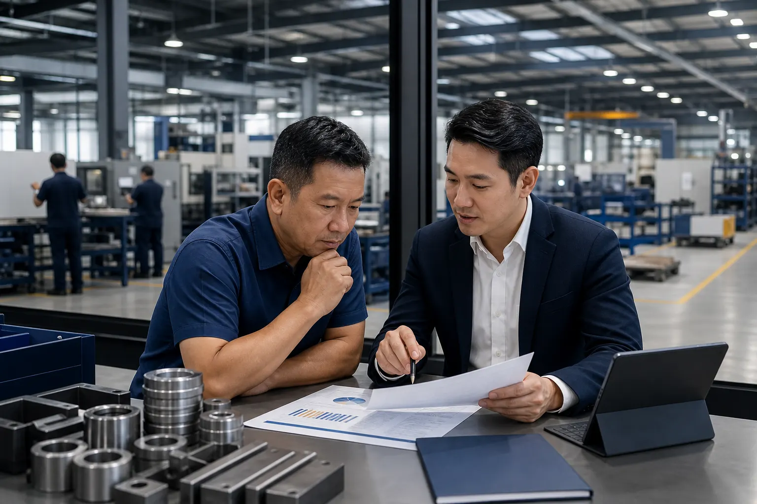 Malaysian SME management reviewing SRF eligibility and supply-chain evidence