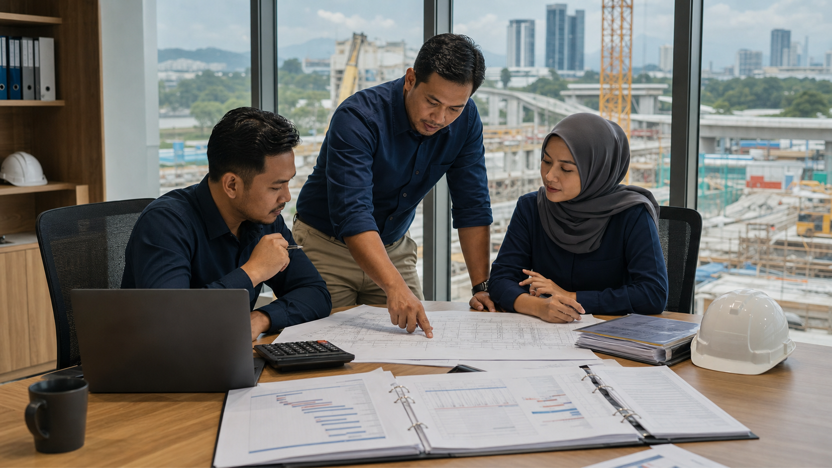 Malaysian contractor team reviewing government MNC and GLC project financing documents