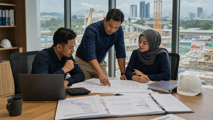 Malaysian contractor team reviewing government MNC and GLC project financing documents