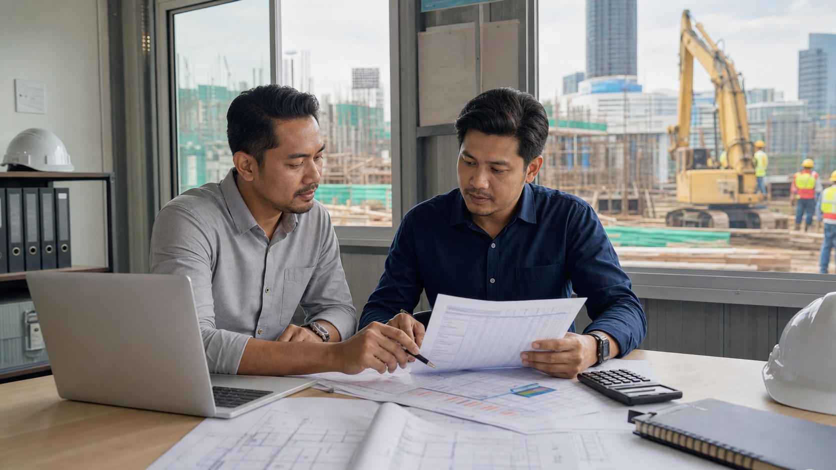 Malaysian project team reviewing project financing milestones and cash flow