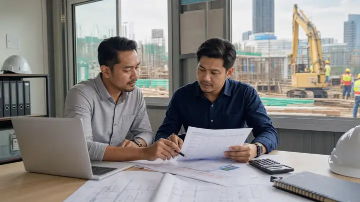 Malaysian project team reviewing project financing milestones and cash flow